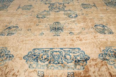 Antique Indian Animal Design Beige and Sky Blue Handwoven Wool Rug