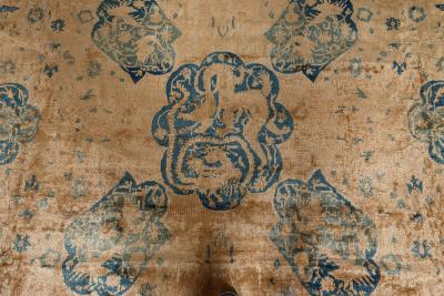 Antique Indian Animal Design Beige and Sky Blue Handwoven Wool Rug