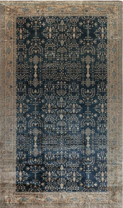Antique Indian Botanic Blue Handmade Wool Rug