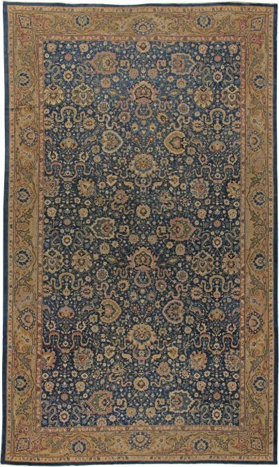 Antique Indian Navy Blue and Beige Handmade Wool Carpet