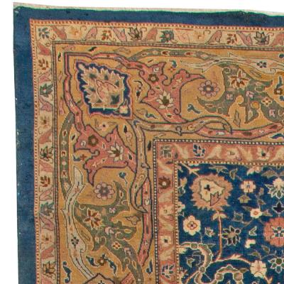 Antique Indian Navy Blue and Beige Handmade Wool Carpet