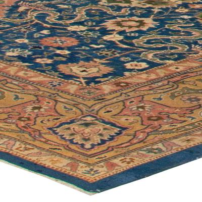 Antique Indian Navy Blue and Beige Handmade Wool Carpet