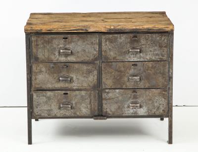 Antique Industrial Metal Chest of Drawers with Chunky Wood Top c 1900 