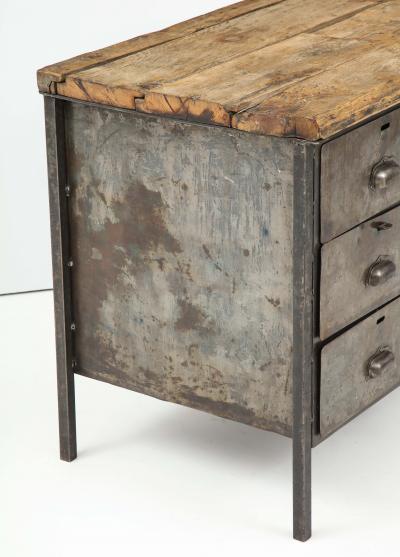 Antique Industrial Metal Chest of Drawers with Chunky Wood Top c 1900 