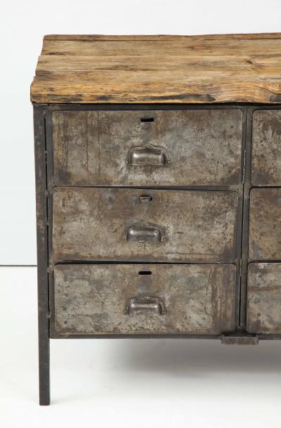 Antique Industrial Metal Chest of Drawers with Chunky Wood Top c 1900 