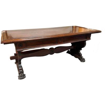 Antique Italian Carved Walnut Trestle Library Dining or Writing Table Paw Feet