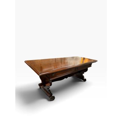Antique Italian Carved Walnut Trestle Library Dining or Writing Table Paw Feet
