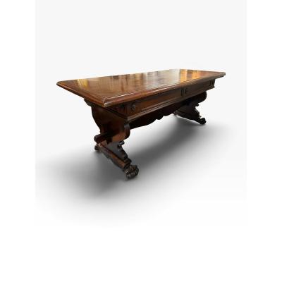 Antique Italian Carved Walnut Trestle Library Dining or Writing Table Paw Feet
