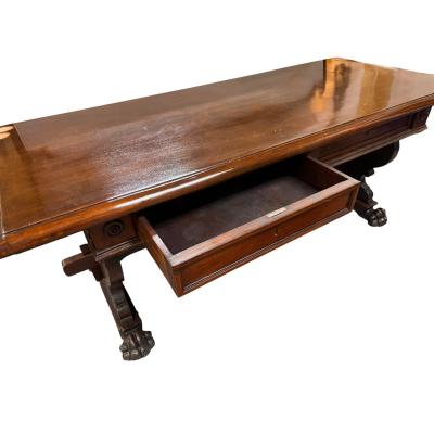 Antique Italian Carved Walnut Trestle Library Dining or Writing Table Paw Feet