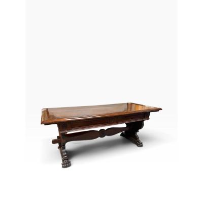 Antique Italian Carved Walnut Trestle Library Dining or Writing Table Paw Feet