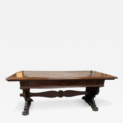 Antique Italian Carved Walnut Trestle Library Dining or Writing Table Paw Feet