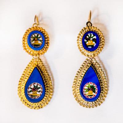Antique Italian Micro Mosaic Earrings 18k Gold Italy
