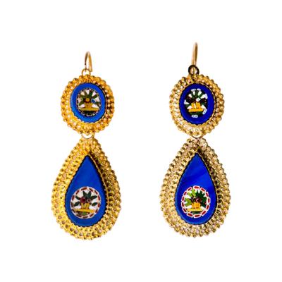 Antique Italian Micro Mosaic Earrings 18k Gold Italy