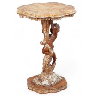 Antique Italian Rococo Parcel Gilt Polychrome Decorated Figural Occasional Table