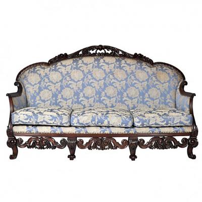 Antique Italian Walnut Carved Three Piece Suite of Sofa Two Armchairs