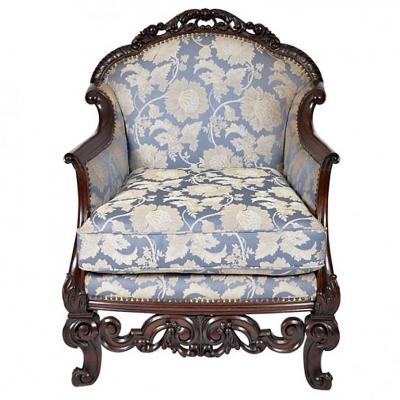 Antique Italian Walnut Carved Three Piece Suite of Sofa Two Armchairs