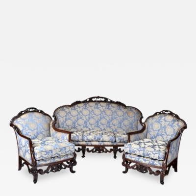 Antique Italian Walnut Carved Three Piece Suite of Sofa Two Armchairs