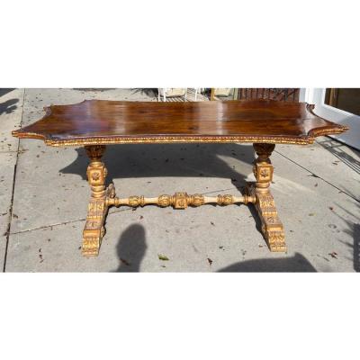 Antique Italian Walnut Giltwood Dining or Center Table