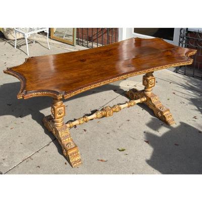 Antique Italian Walnut Giltwood Dining or Center Table
