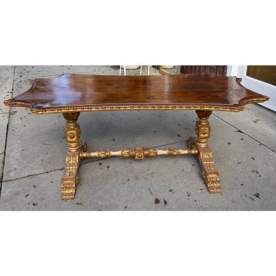 Antique Italian Walnut Giltwood Dining or Center Table