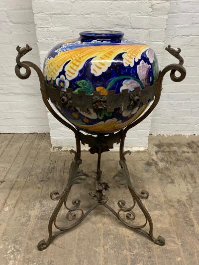 Antique Italian Wrought Iron Planter w Hand Painted Majolica Vase