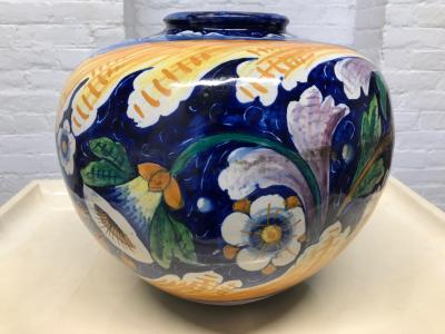 Antique Italian Wrought Iron Planter w Hand Painted Majolica Vase