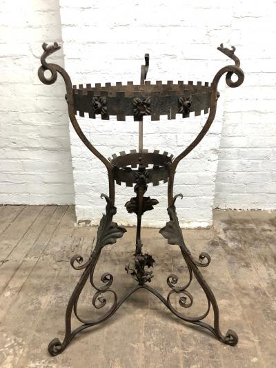 Antique Italian Wrought Iron Planter w Hand Painted Majolica Vase