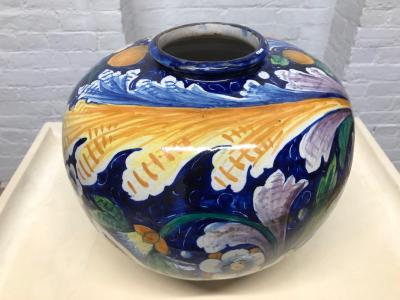 Antique Italian Wrought Iron Planter w Hand Painted Majolica Vase