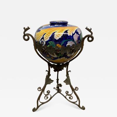Antique Italian Wrought Iron Planter w Hand Painted Majolica Vase