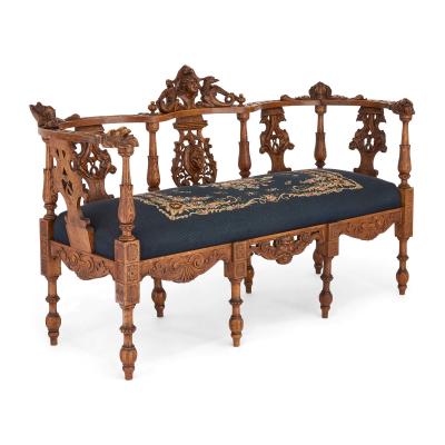 Antique Italian grotto furniture carved wood and needlepoint settee
