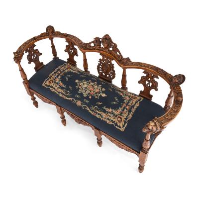 Antique Italian grotto furniture carved wood and needlepoint settee