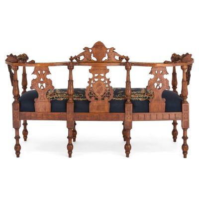 Antique Italian grotto furniture carved wood and needlepoint settee