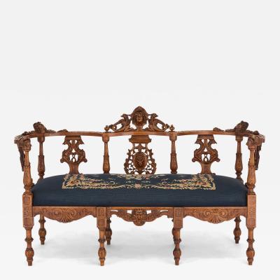 Antique Italian grotto furniture carved wood and needlepoint settee