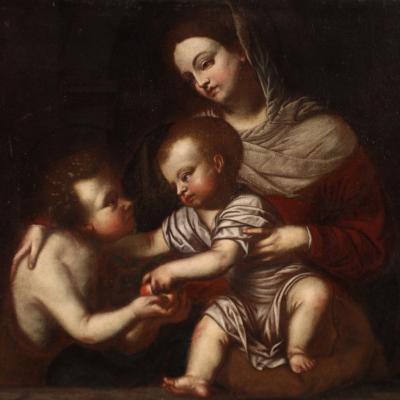 Antique Italian painting from the 17th century Madonna with Child and St John