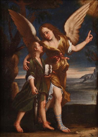 Antique Italian painting from the 17th century Tobias and the Angel