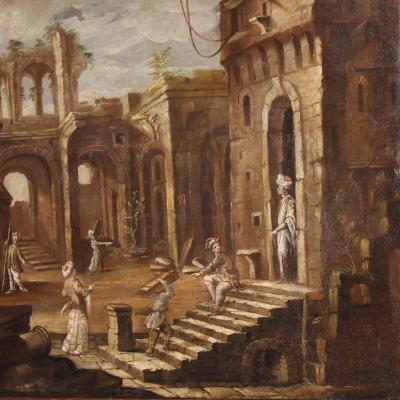 Antique Italian painting from the 18th century Architectural Capriccio