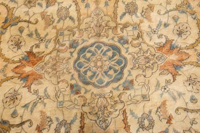 Antique Ivory Background Blue Flower Medallion Persian Tabriz Wool Rug
