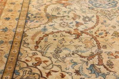 Antique Ivory Background Blue Flower Medallion Persian Tabriz Wool Rug