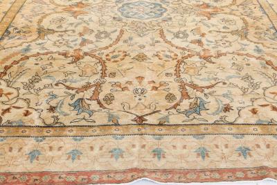 Antique Ivory Background Blue Flower Medallion Persian Tabriz Wool Rug