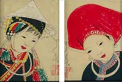 Antique Japanese Asian Women Portrait Etching Print Signed a Pair