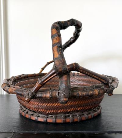 Antique Japanese Bamboo Morikago Basket with Chikon Handle Meiji Period