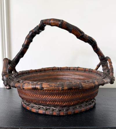 Antique Japanese Bamboo Morikago Basket with Chikon Handle Meiji Period