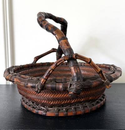 Antique Japanese Bamboo Morikago Basket with Chikon Handle Meiji Period
