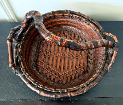 Antique Japanese Bamboo Morikago Basket with Chikon Handle Meiji Period