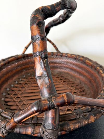 Antique Japanese Bamboo Morikago Basket with Chikon Handle Meiji Period