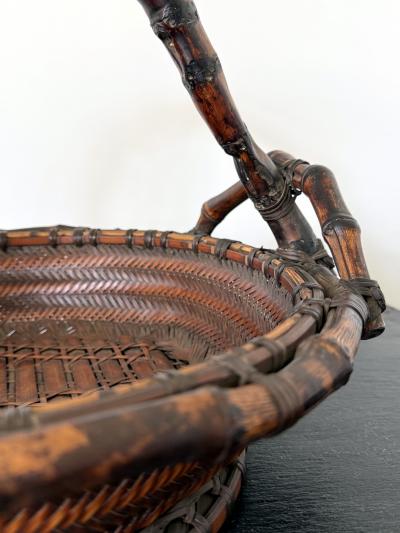 Antique Japanese Bamboo Morikago Basket with Chikon Handle Meiji Period
