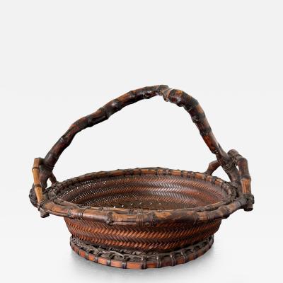 Antique Japanese Bamboo Morikago Basket with Chikon Handle Meiji Period