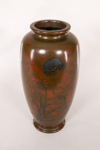 Antique Japanese Bronze Vase with Landscape and Red Patina