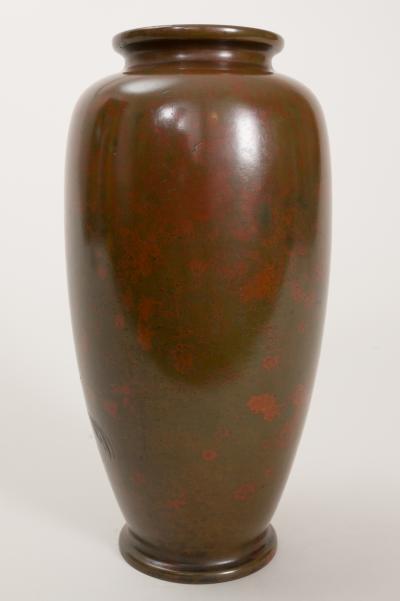 Antique Japanese Bronze Vase with Landscape and Red Patina