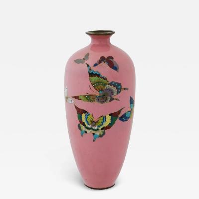 Antique Japanese Cloisonne Cotton Candy Pink Enamel Butterfly Vase